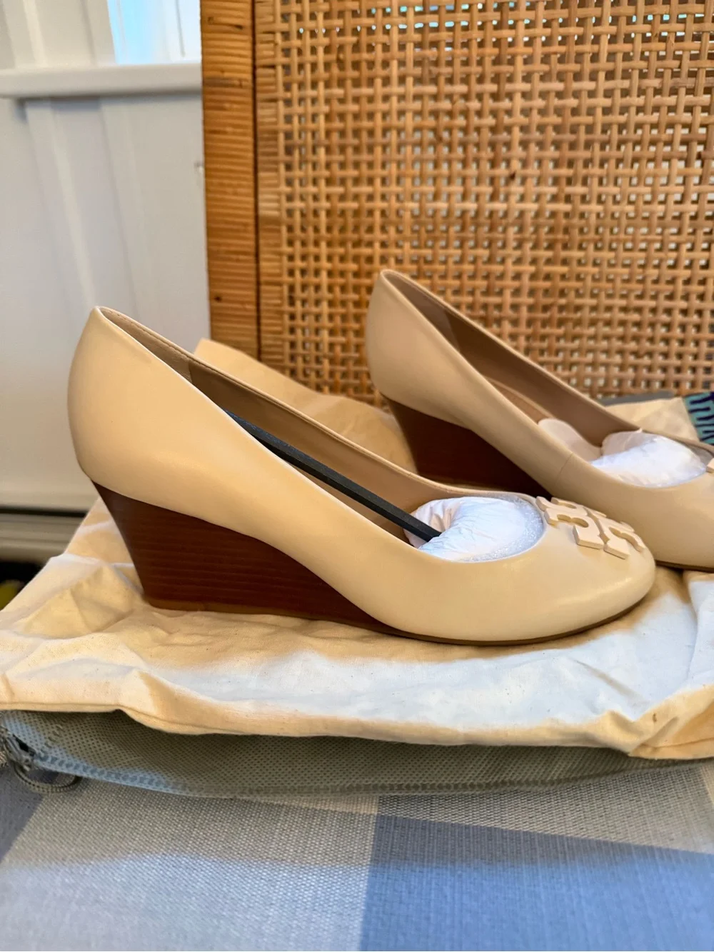 Tory Burch Cream Leather Wedge Pumps with Logo Plaque